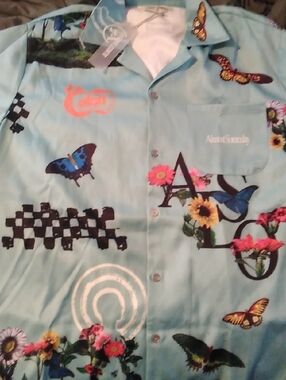 Almost Someday Large Mens Bloom Button Up Blue Short Sleeve NWT Butterfly Design